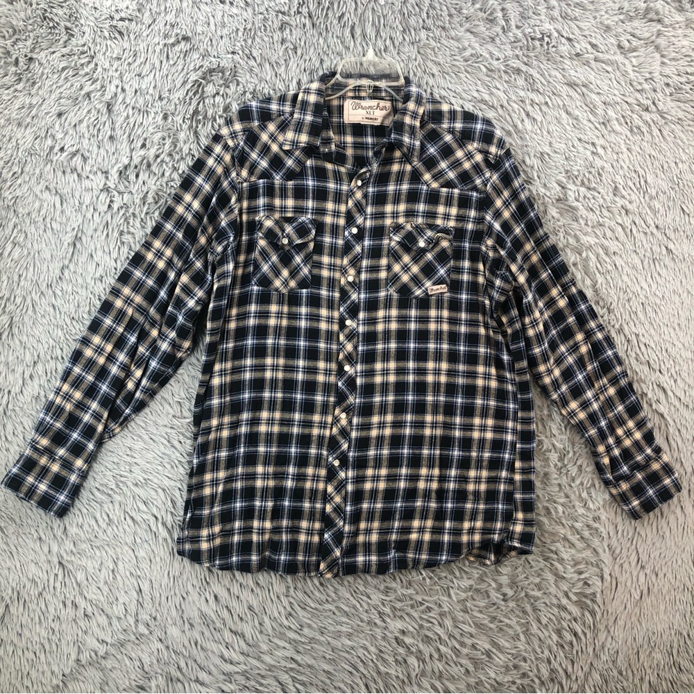 Wrangler Wrancher Shirt Mens XLT Plaid Pearl Snap Flannel Back Yoke Long Sleeve
